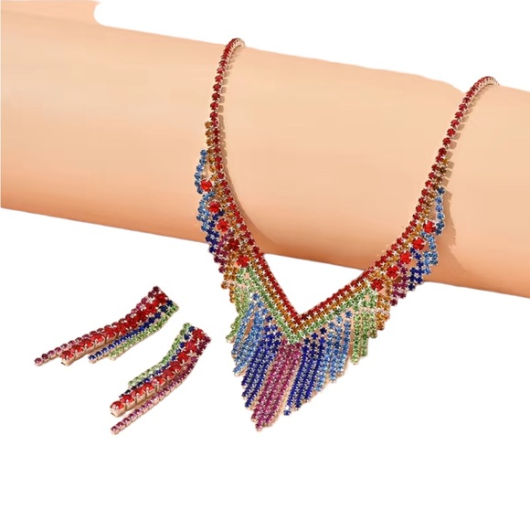 Colorful Rhinestone Earrings and Necklace Matching Set - Picture 7 of 9